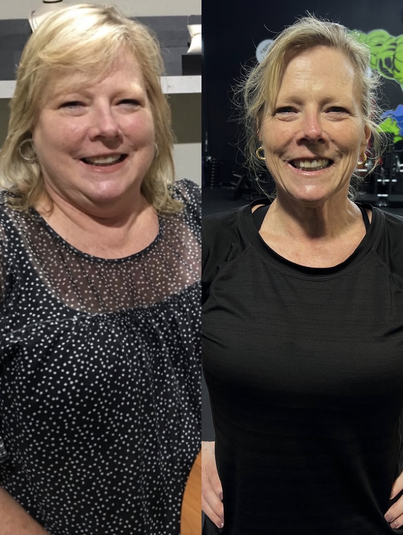 Teri's before and after transformation at OTR Health Club — 3 years of training, 90+ lbs lost